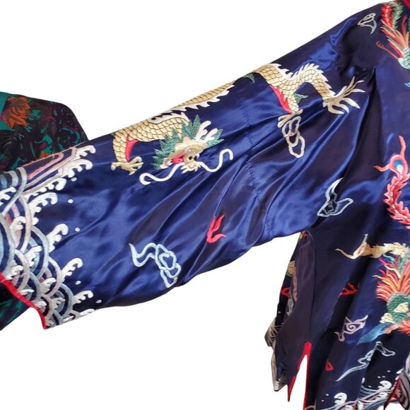 Vintage Handmade Unisex Chinese Silk Kimono Jacket Blouse Robe Royal Blue Sz O/S - Picture 4 of 9